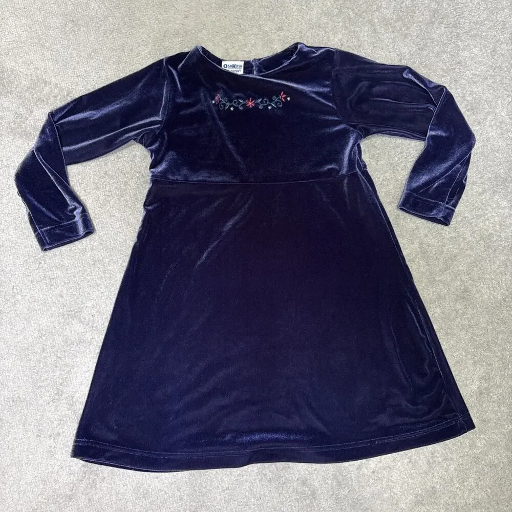 Vintage 90s Oshkosh Bgosh Velvet Dress Embroidered Girls Size 6 90s